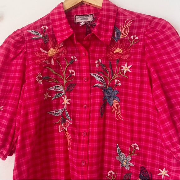 Johnny Was Pink Embroidered Gingham Button Down Blouse - Picture 3 of 11